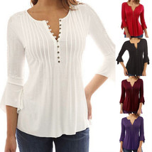  Womens Ruffle Buttons Tunic Tops Ladies Long Sleeve T-shirt Loose Casua... - $23.19
