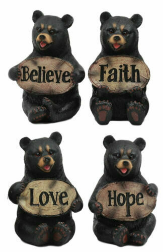 Ebros Set of 4 Inspirational Bear Statues Holding Love Believe Faith & Hope Sign