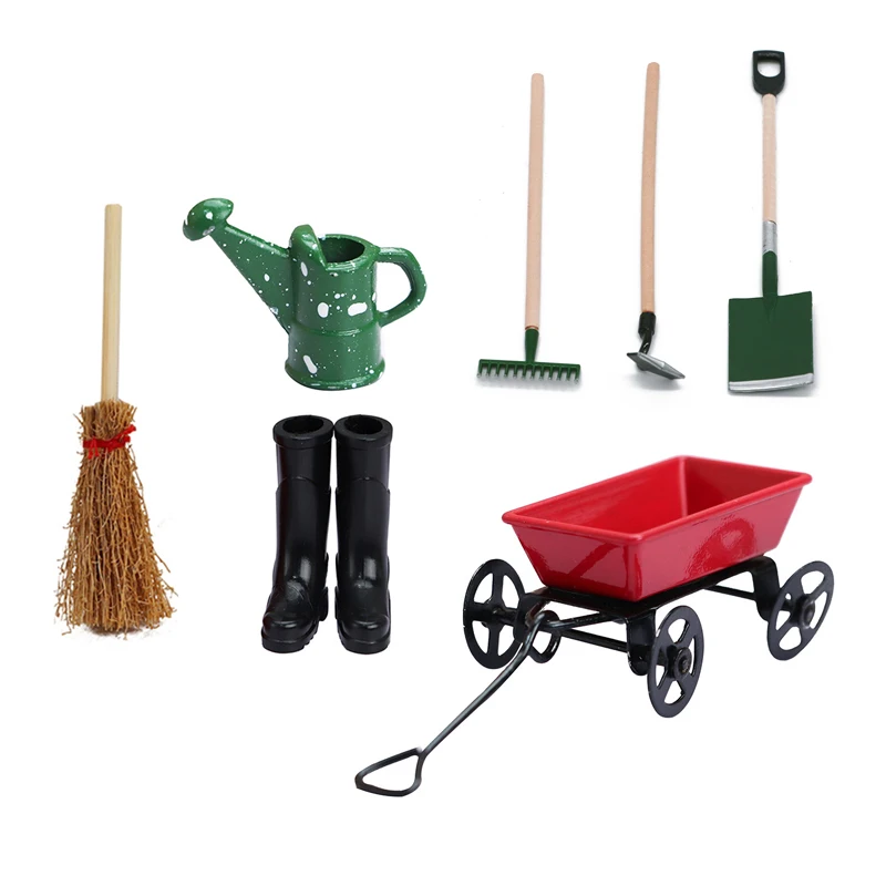 1Set 1:12 Dollhouse Miniature Farm Tool Ax Shovel Pull Cart Broom Boots Watering - £12.57 GBP