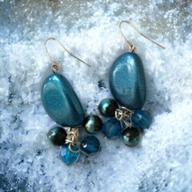 Metallic Blue Beaded Dangle Earrings Silver Tone Bohemian Beach Acrylic Rocker - £11.07 GBP