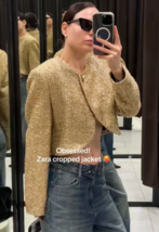 ZARA BNWT 2025. GOLDEN CROPPED TWEED JACKET BLAZER METALLIC THREAD. 9526... - $109.26