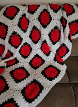 Vintage 46 x 64” Crochet 3D Red Rose Afghan Granny Square Handmade Blanket Throw - £31.10 GBP