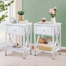 Set of 2 - Rustic Farmhouse 1-Drawer Nightstand Bedside Table in White - $220.49