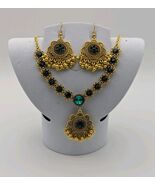 Gold Necklace Drop Earrings Set Green Gemstone Bollywood Wedding Bridal - €24,47 EUR