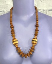 Barrel Clasp Brown Wood Carved Beads Long Necklace Hippie Boho Women&#39;s - £11.93 GBP