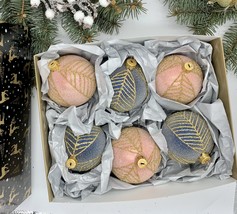 Set of blue and pink Christmas glass balls, hand painted ornaments with box - $71.25