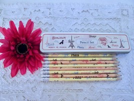 Cavallini &amp; Co. Vintage Paris 8 Pencil Set in Tin Box Pink &amp; Cream Yellow - £5.50 GBP