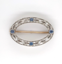 14k Yellow Gold and Platinum Montana Sapphire and Pearl Pin by Krementz (#J6272) - $628.65