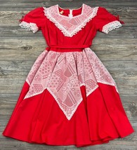 Vintage 70s Partners Please Malco Modes Red Square Dance Dress w Lace Size 12 - £76.89 GBP