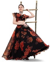 Donna Lehenga Choli Organza &amp; Zari Lustrini Lavoro Semi-Cucita Nero &amp; Arancione - £39.16 GBP