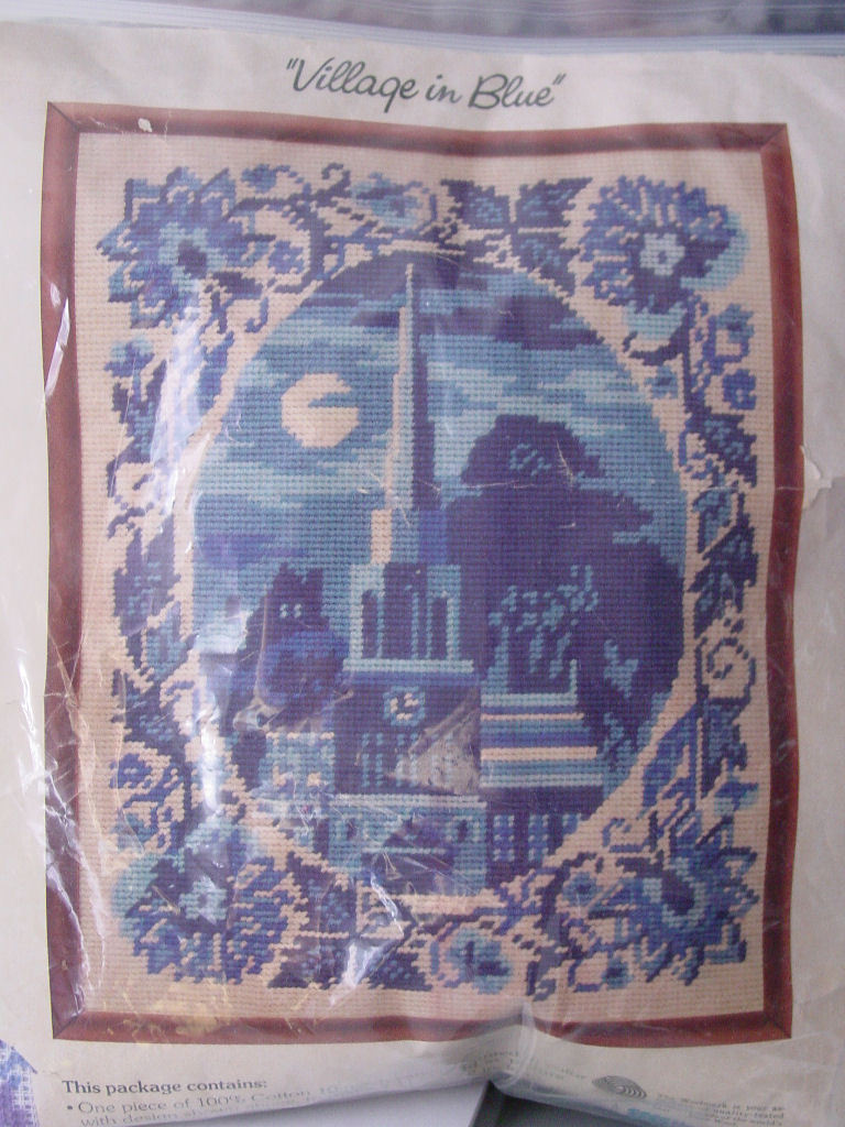 Primary image for Vintage Wool Needlepoint Kit "Village in Blue" 11" x 14"