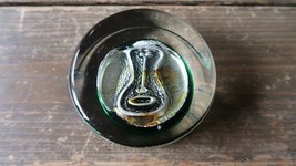Vintage Green Glass Foil Face Paperweight Hand Made 3.25&quot; x 1.5&quot; - £45.37 GBP
