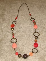 Vintage Unique Long Goldtone/Peach/Red Necklace - $8.75