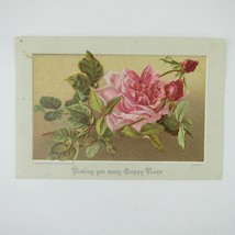 Victorian Greeting Card Pink Roses Flowers Green Leaves Gold Background Antique - £4.71 GBP