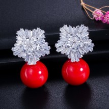 H quality silver color big round red pearl under snowflake flower aaa cubic zircon stud thumb200