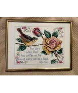Vtg Roses Blu Bird Framed Cross-stitch Needlepoint 12.5&quot; x 9.5&quot; Hope the... - $87.12 CAD