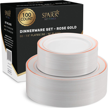 Sparksettings Rose Gold Plastic Plates for Party, 100 Pack Plastic Plates Dispos - £33.80 GBP