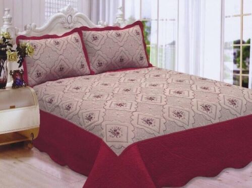Primary image for ANNA FLOWERS EMBROIDERED BURGUNDY & TAUPE BEDSPREAD COVERLET SET 3 PCS KING SIZE