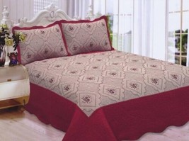 Anna Flowers Embroidered Burgundy &amp; Taupe Bedspread Coverlet Set 3 Pcs King Size - £42.73 GBP