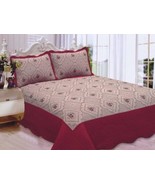 ANNA FLOWERS EMBROIDERED BURGUNDY &amp; TAUPE BEDSPREAD COVERLET SET 3 PCS K... - £42.05 GBP