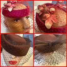 2 Vintage 50s Pillbox Hat Brimless Brown Felt Veil And Dark Pink With Flowers - £32.06 GBP