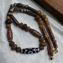 Powerful Tibetan old Eyes Agate amulet with carving Yak Bone Beads Necklace - £124.03 GBP