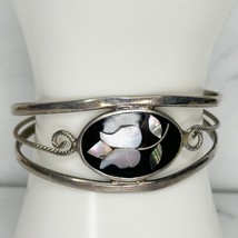 Vintage Alpaca Mexico Silver Tone Mother of Pearl Flower Inlay Cuff Bracelet - £19.37 GBP