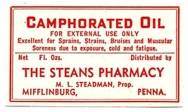 Vintage Pharmacy Label CAMPHORATED OIL Steans Pharmacy Mifflinburg Penns... - $28.11