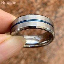 Tungsten Rings for Men Blue Line Groove Wedding Band Ring 8mm High Polish Charm  - £22.25 GBP