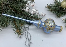 Light Blue Christmas glass tree topper with gold glitter, Christmas finial - $18.29