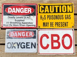 Vtg Sign Lot Danger H2s Poisonous Gas Oxygen CBO Industrial Metal Plasti... - £30.36 GBP