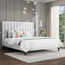 The Product Is A White, Velvet-Upholstered Platform Bed Frame With A Headboard, - £156.66 GBP