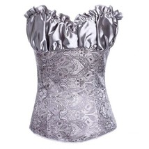 Renaissance Corset XL Gray Silver Brocade Print Burlesque Ruffle Lace Up - £22.99 GBP