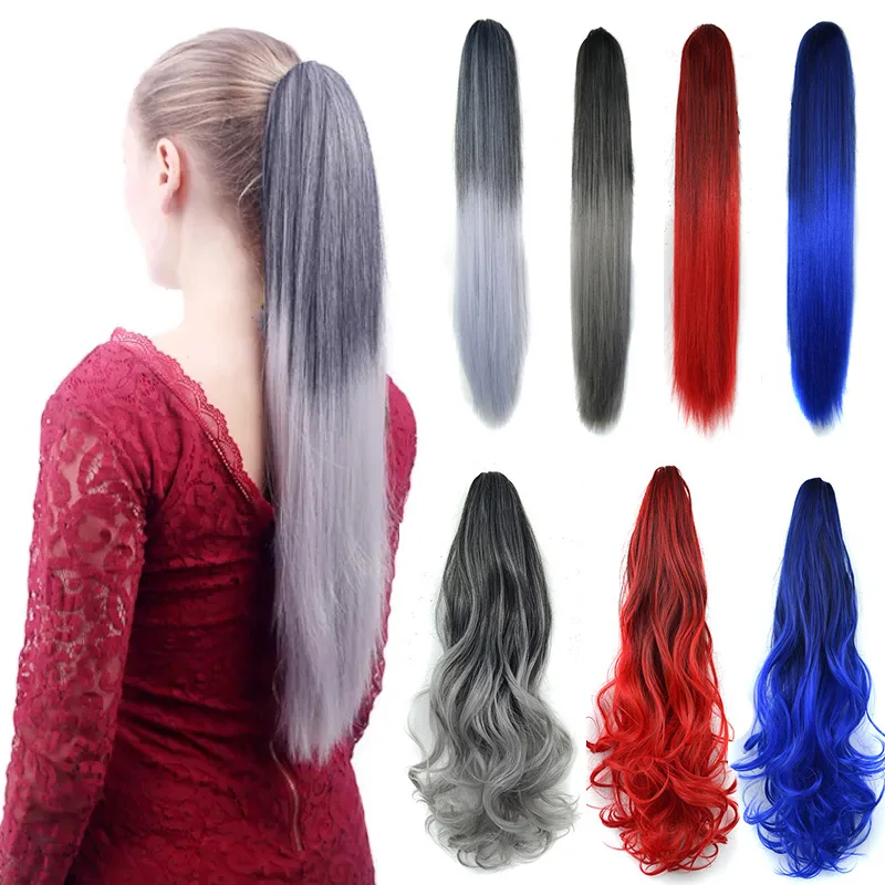 Chic long claw ponytail hair extension synthetic black gray red ombre color for women s thumb200