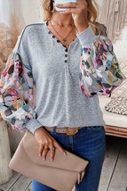 Gray Floral Lantern Sleeve Patchwork Buttoned V Neck Top - £18.90 GBP