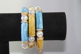 Plunder Bracelet (New) Marbled Tube Beads - Blue &amp; Orange Set Of 3 6.5&quot; El (Ppb) - £22.84 GBP
