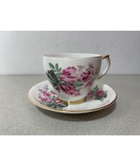 Windsor Fine Bone China England Teacup Saucer Set Pink Floral  Black ribbon - $27.15 CAD