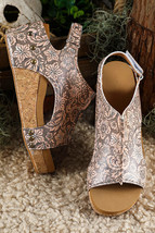 Brown Vintage Floral Leather Rivet Hollowed Platform Sandals - $36.81