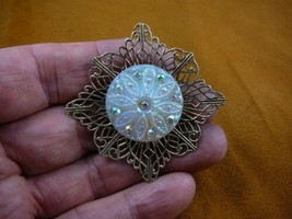 (Z20-19) iridescent white crystal flower Czech glass button filigree pin brooch - £17.27 GBP