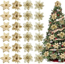 24Pcs Christmas Poinsettia 4 Design Glitter Gold Artificial Flowers with... - $8.69