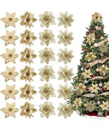 24Pcs Christmas Poinsettia 4 Design Glitter Gold Artificial Flowers with... - $160.27 MXN