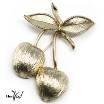 Vintage Sarah Coventry Cherry Pin - 2.25&quot; - Fruit, Textured, Gold Metal- Hey Viv - £12.76 GBP