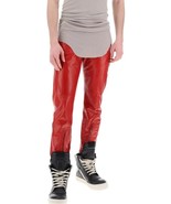Leather Pant Pants Men&#39;s Real Men Cargo Biker Jeans Pockets Trousers Red 19 - $139.00