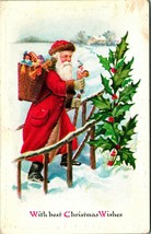 With Best Christmas Wishes Santa Claus Holly Winsch Back Embossed Postcard T19 - £3.97 GBP