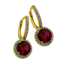 2.49CT Women&#39;s Stylish Halo Drop Genuine Ruby Earrings 14K YG Plated 925 Silver - £94.15 GBP