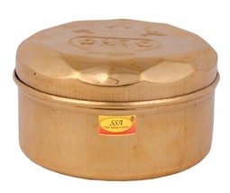 PURE Brass Puja Box Diameter 8.8cm Dibbi with 5 Container FOR Kumkum,CHANDAN ETC - £31.15 GBP