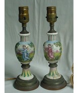 LOVELY PAIR ANTIQUE PORCELAIN PAINTED DECORATED LAMPS PASTORAL FIGURES - £196.65 GBP