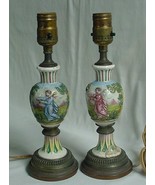 LOVELY PAIR ANTIQUE PORCELAIN PAINTED DECORATED LAMPS PASTORAL FIGURES - $250.00