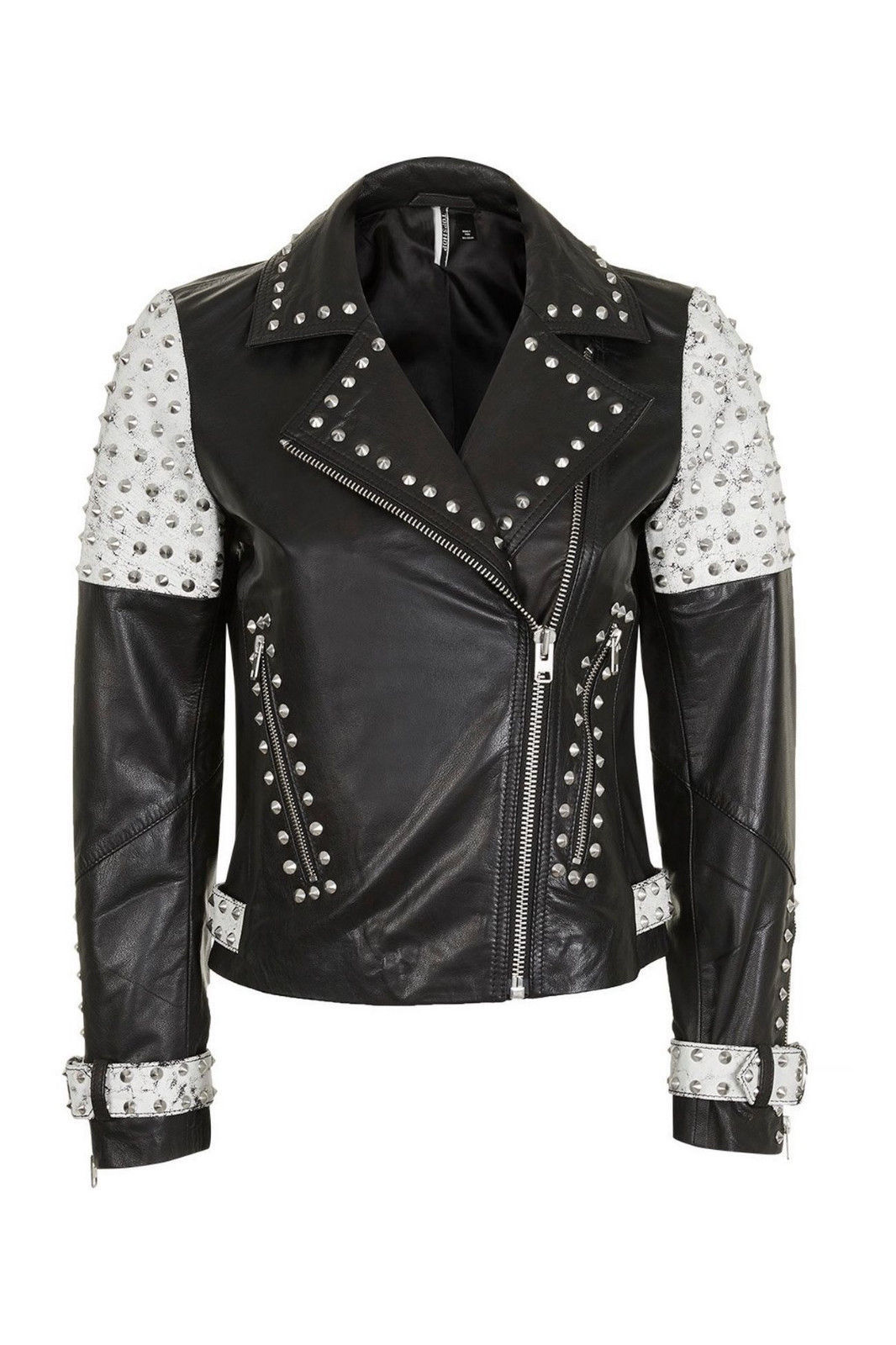 Women's Two Tone Contrast Genuine Leather Silver Spike Studded Brando Jacket