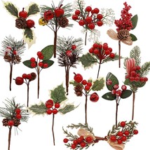 Crafare 15 Pack Assorted Red Berry Picks Stems Faux Pine Picks Spray With - £26.82 GBP